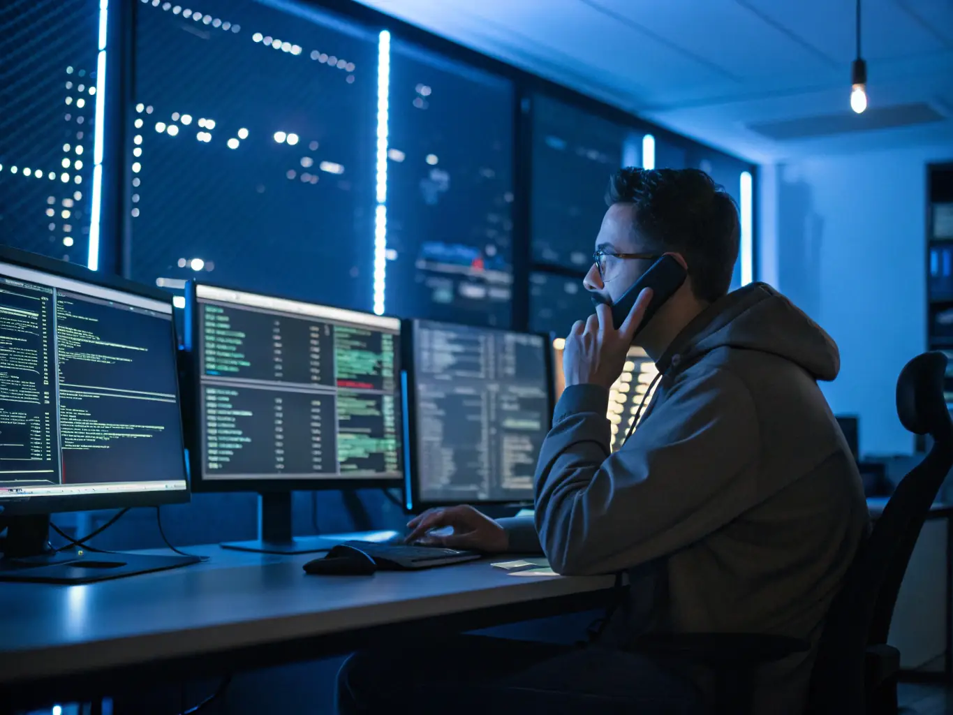 An image of a technician working on website backend on a monitor, showing code and server configurations.