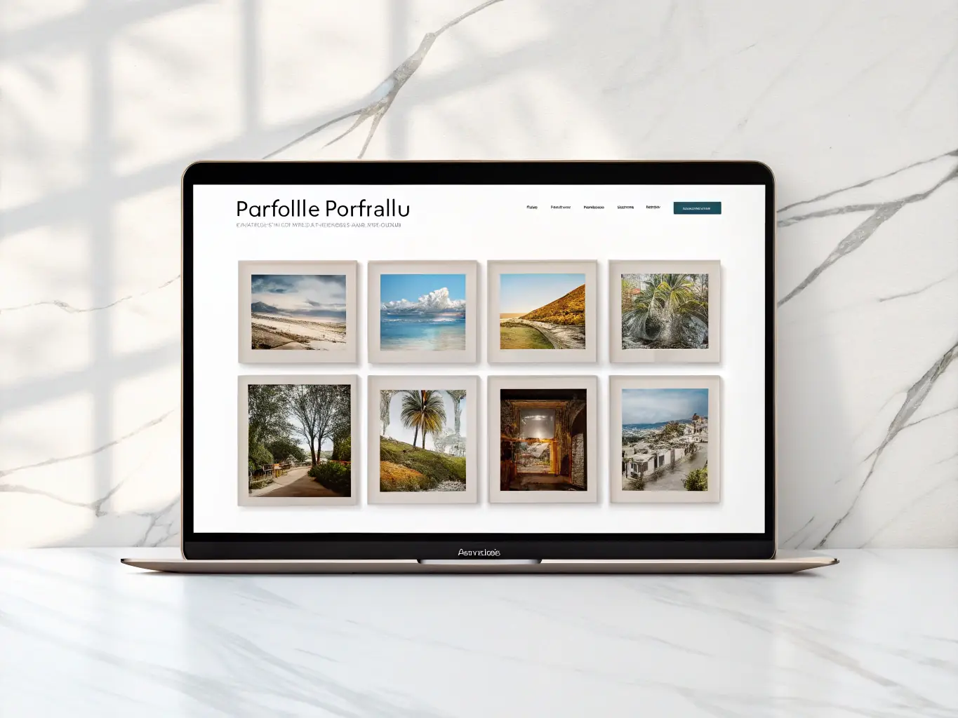 A professional and modern image of a portfolio website, highlighting an artist's work with clear navigation and contact information.